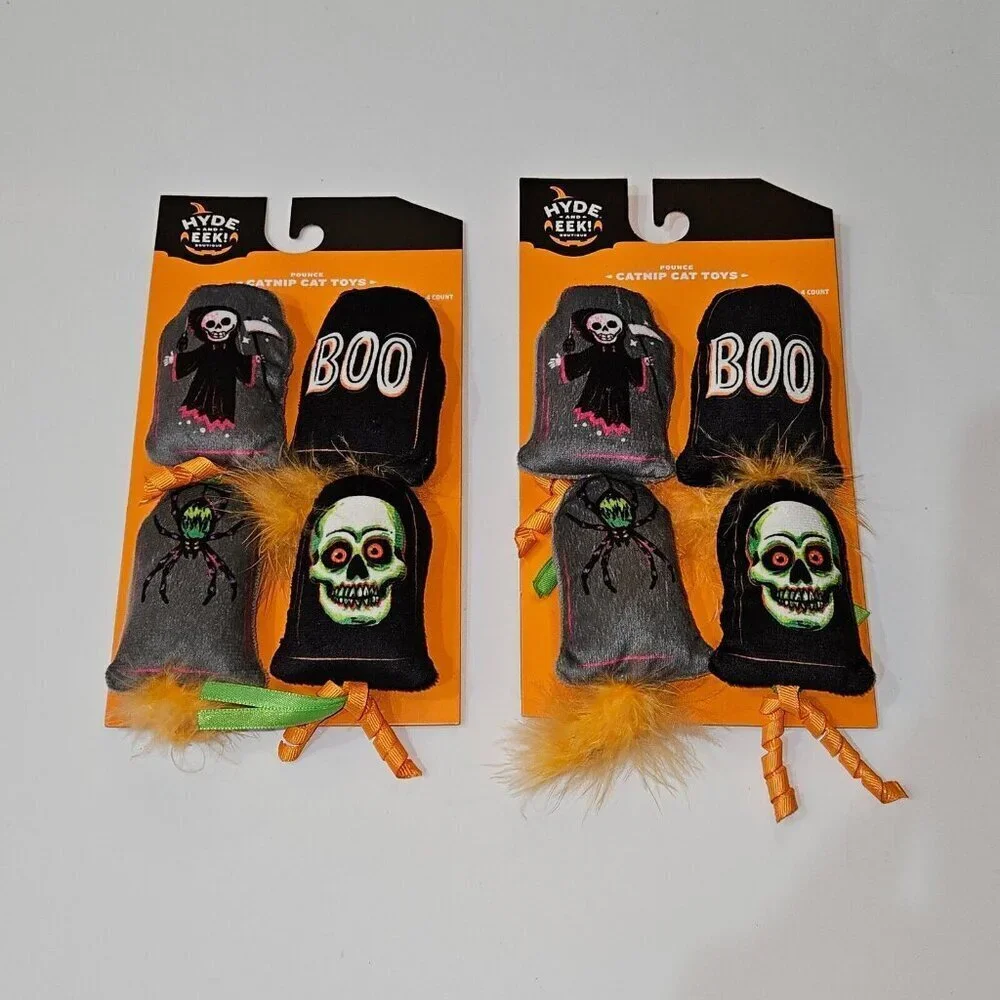 NEW 2 Pk Halloween Pet Pounce Catnip Cat Toys Lot Skeleton Gravestone Hyde & Eek